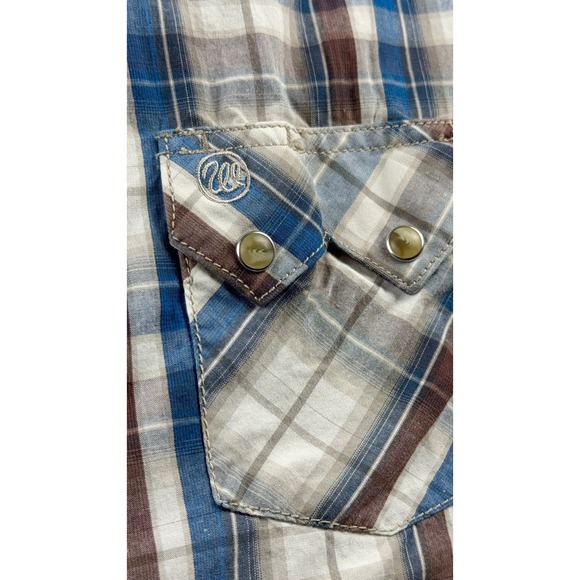 Wrangler Mens Western Blue Brown Plaid Pearl Snap Long Sleeve Shirt Medium - Picture 11 of 14
